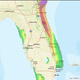 Screenshot of the NHC’s storm surge probability graphic, showing the likelihood of more than 3 feet of storm surge from 11 am EDT on Wednesday, October 5th, to 3pm ET on Saturday, October 8th. Green areas indicate a <30% probability of 3 foot surge, yellow areas indicate 30-50% probability, and orange and red areas indicate 50% or greater.